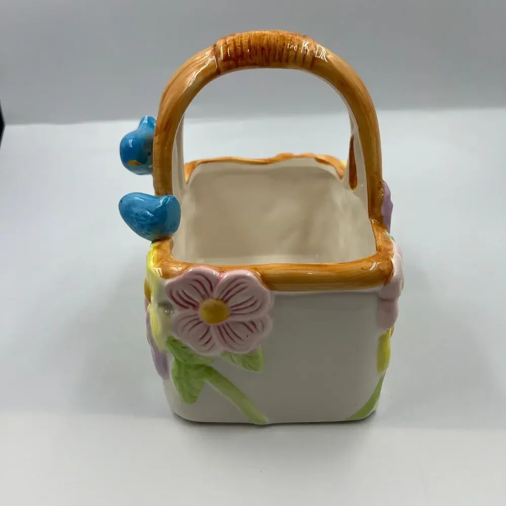Vintage Glazed Ceramic Decorative Florist Basket Floral Blue Bird Pair